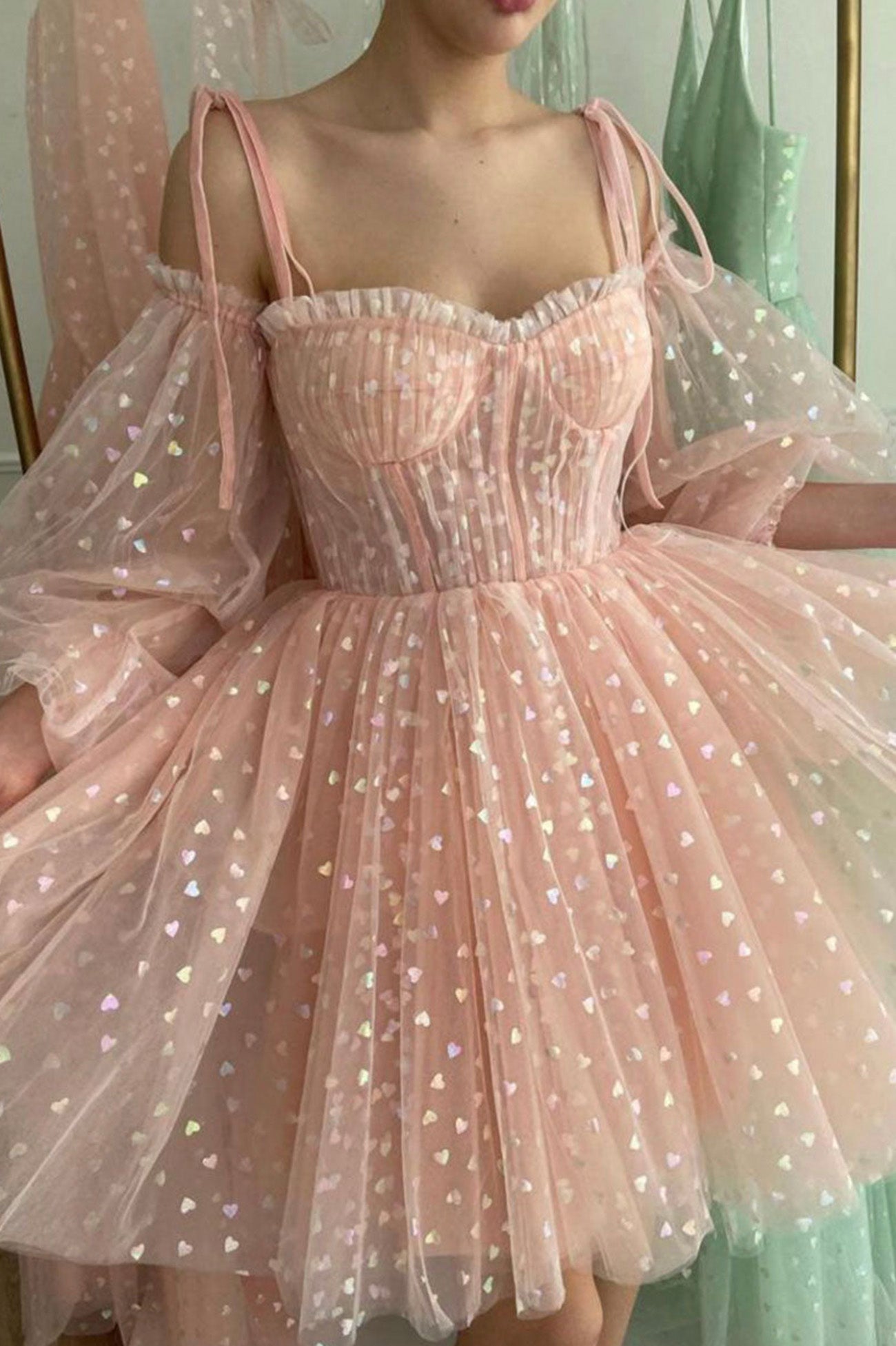 Pink Tulle Short A-Line Prom Dress, Lovely Long Sleeve Homecoming Party Dress