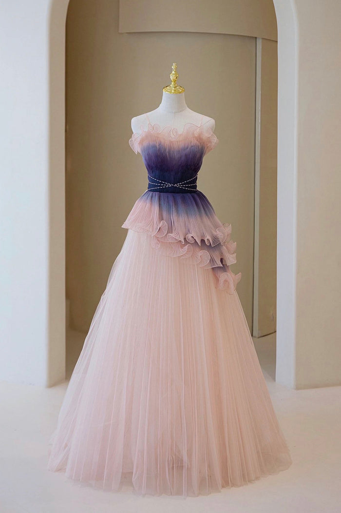 Unique Pink Gradient Long Prom Dress, A-Line Strapless Evening Party D