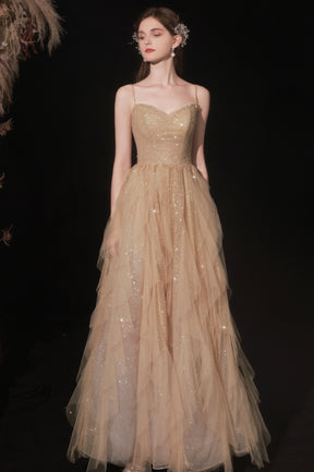 Shiny Tulle Sequins Long Prom Dress, Champagne A-Line Graduation Dress