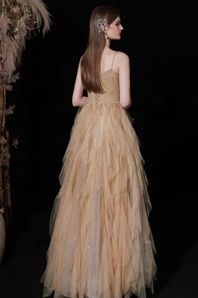 Shiny Tulle Sequins Long Prom Dress, Champagne A-Line Graduation Dress