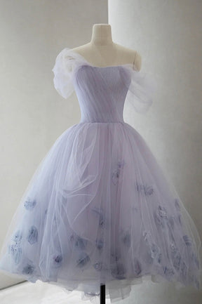 Purple Tulle Short A-Line Prom Dress, Cute Off the Shoulder Party Dress