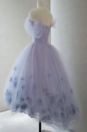Purple Tulle Short A-Line Prom Dress, Cute Off the Shoulder Party Dress