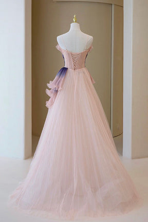 Unique Pink Gradient Long Prom Dress, A-Line Strapless Evening Party Dress