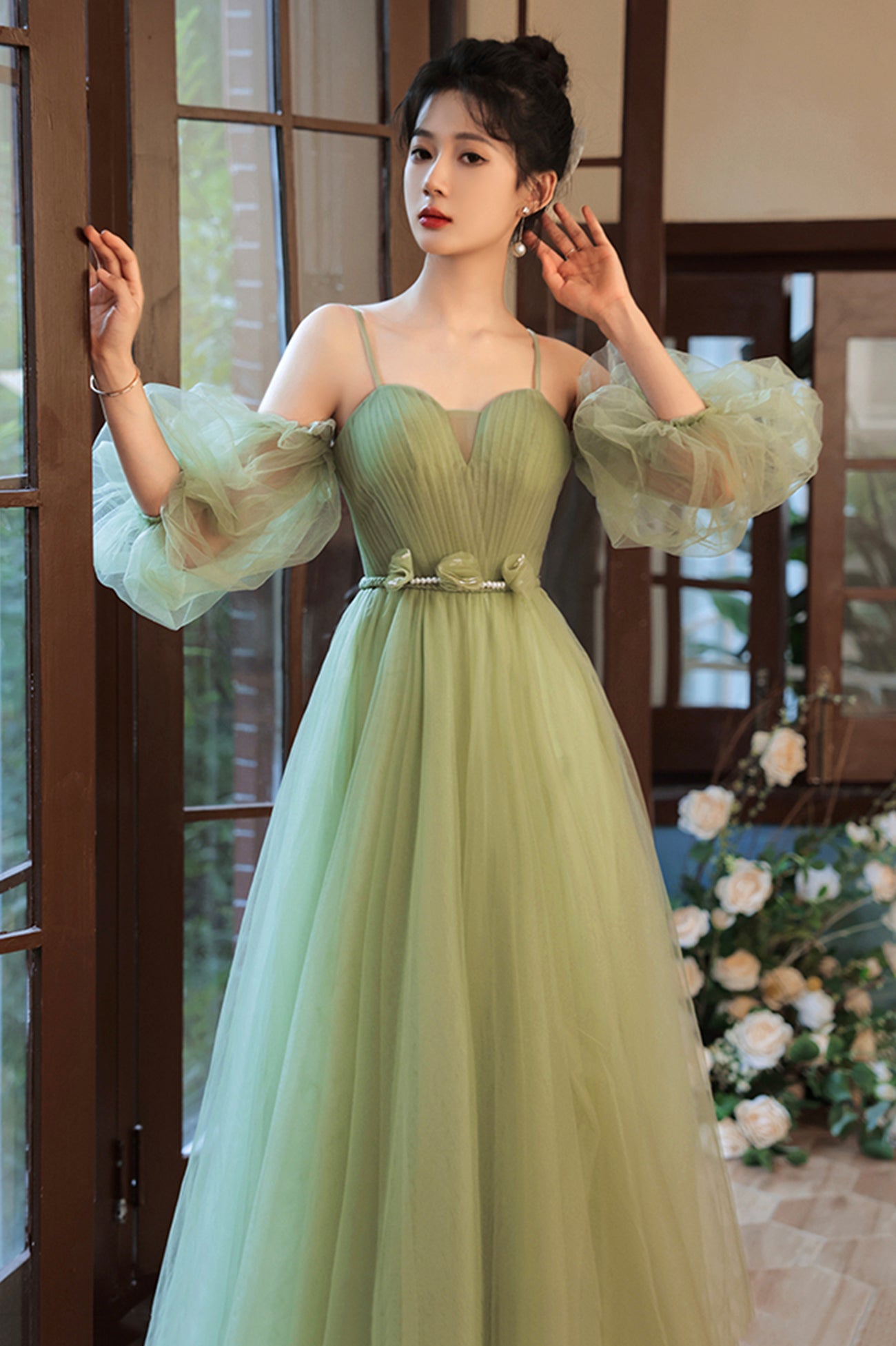 Green Spaghetti Straps Tulle Party Dress, Green Sweetheart Long Prom Dress