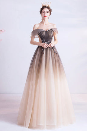 A-Line Gradient Tulle Long Prom Dress, Off the Shoulder Evening Dress