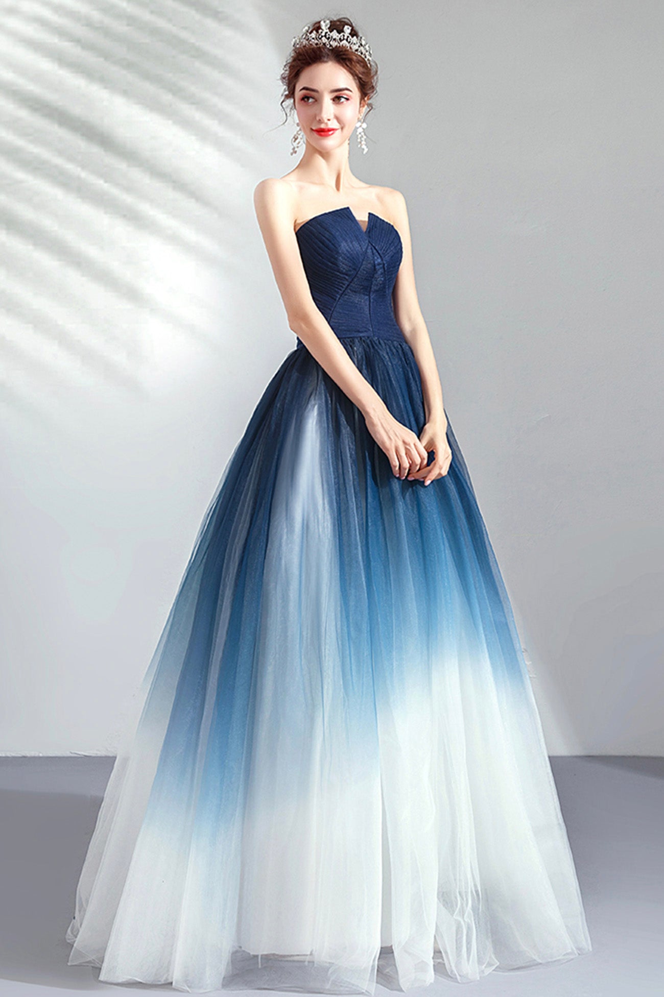 Blue Gradient Tulle Strapless Long A-Line Prom Dress, Blue Evening Party Dress