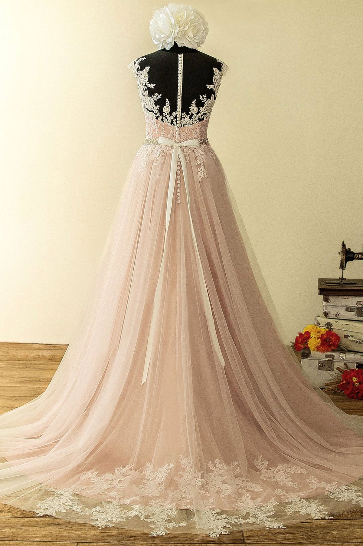 Elegant Tulle Lace Long Prom Dress, A-Line Scoop Neckline Evening Dress
