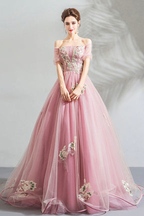 Pink Lace Long A-Line Prom Dress, Off the Shoulder Evening Party Dress