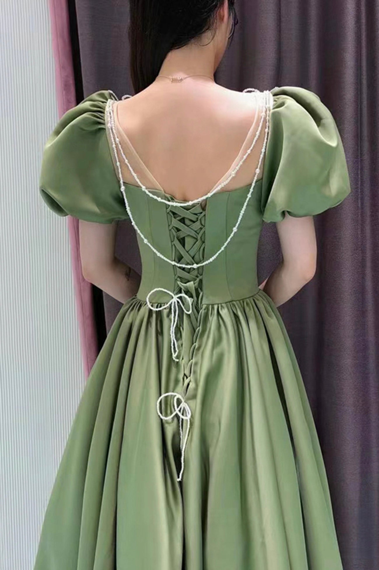 Green Satin Long A-Line Prom Dress, Green Short Sleeve Evening Party Dress