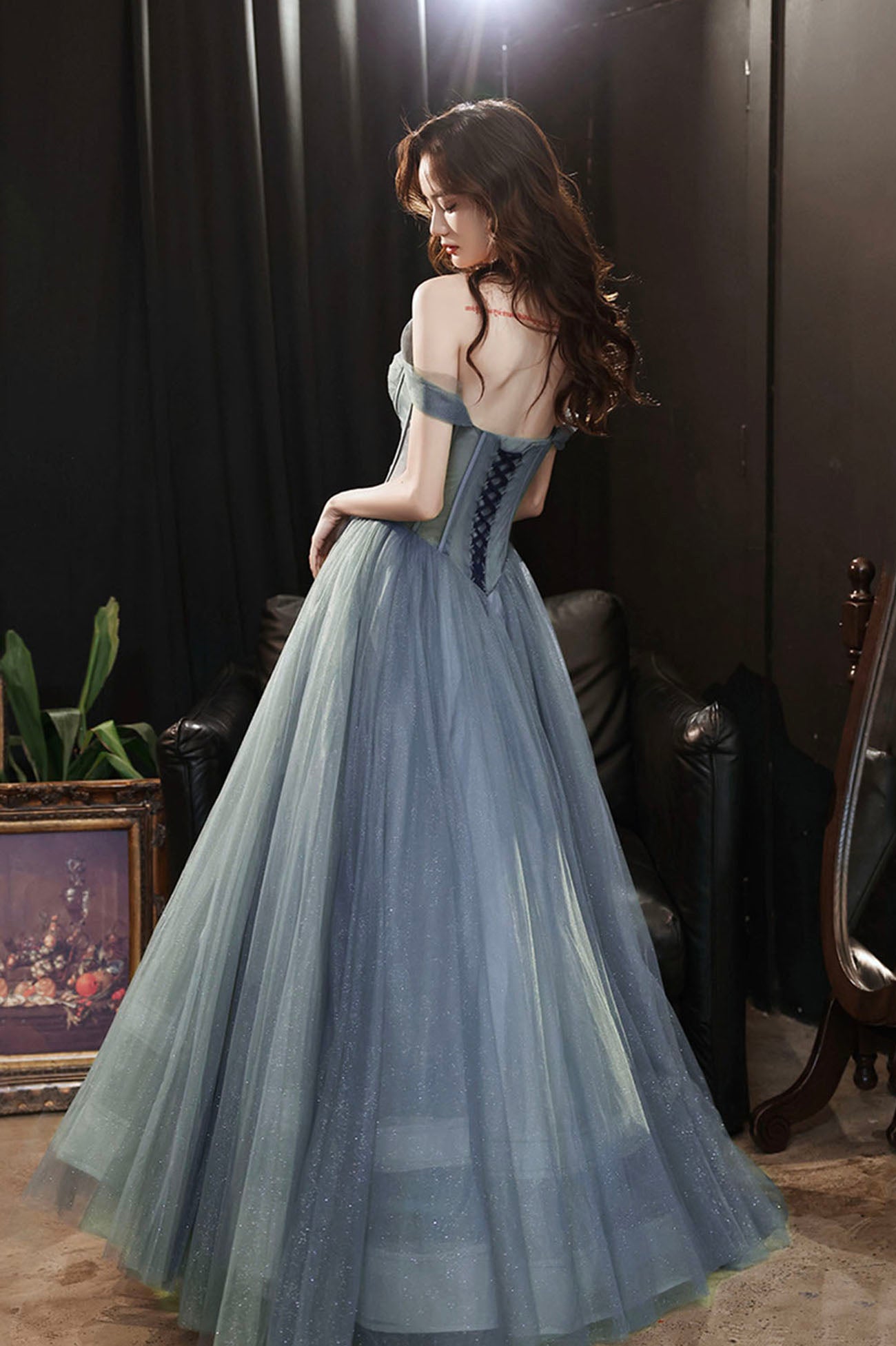 Gray Blue Tulle Long Prom Dress, A-Line Off the Shoulder Evening Dress
