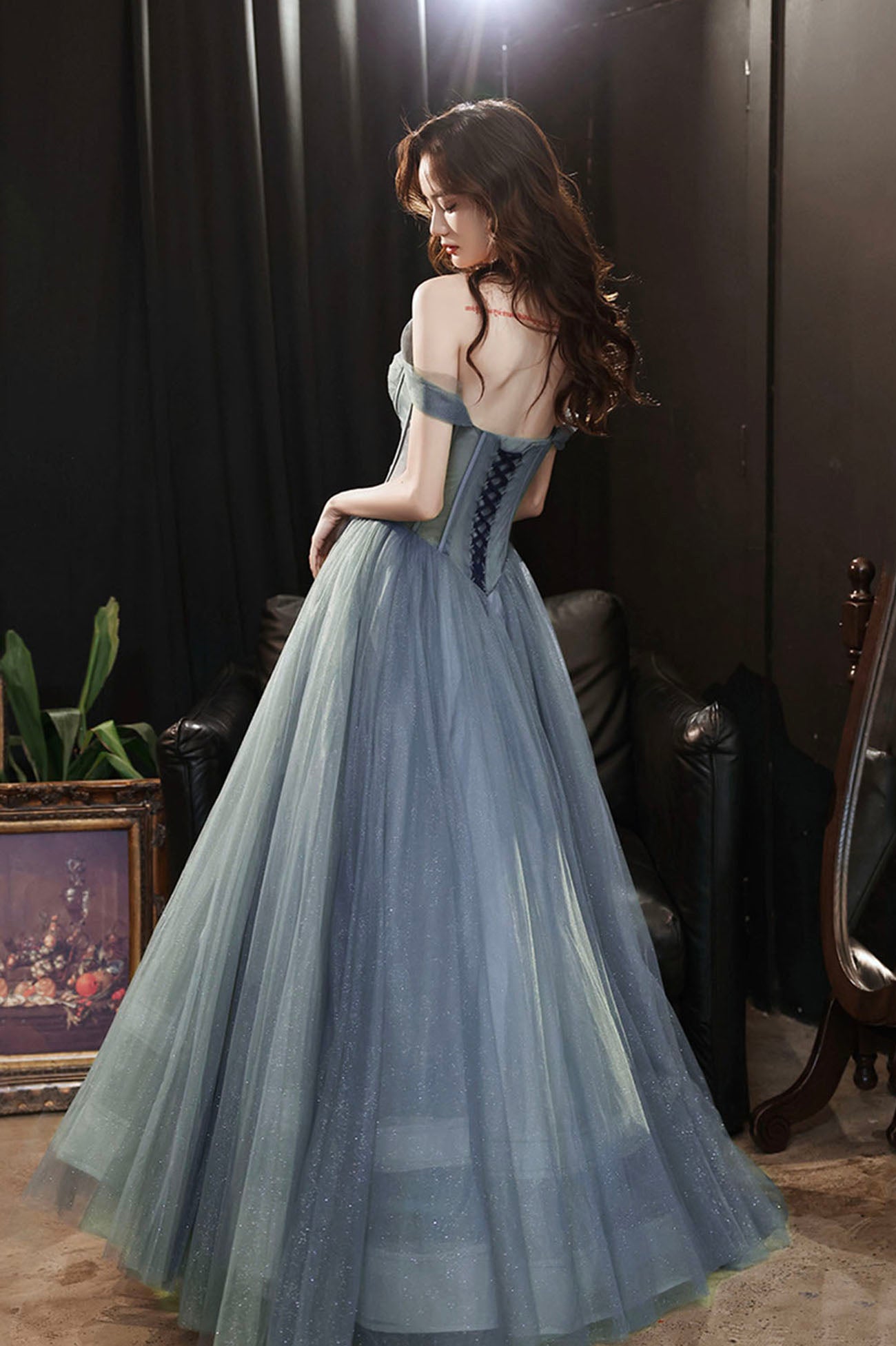 Gray Blue Tulle Long Prom Dress, A-Line Off the Shoulder Evening Dress Gray Blue Tulle Long Prom Dress, A-Line Off the Shoulder Evening Dress