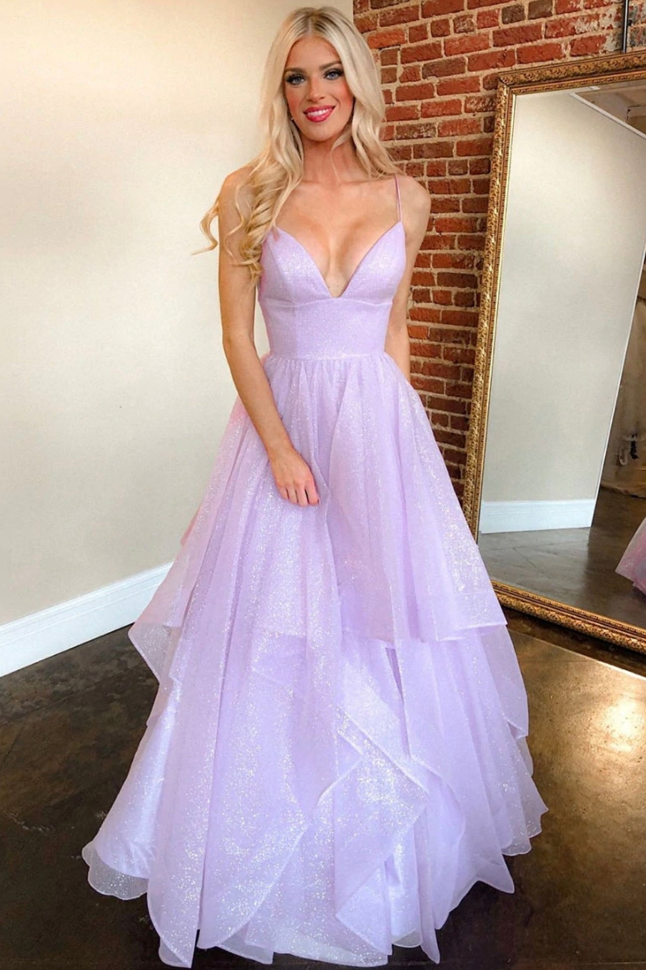 Purple Tulle Long A-Line Prom Dress, V-Neck Spaghetti Straps Evening Dress