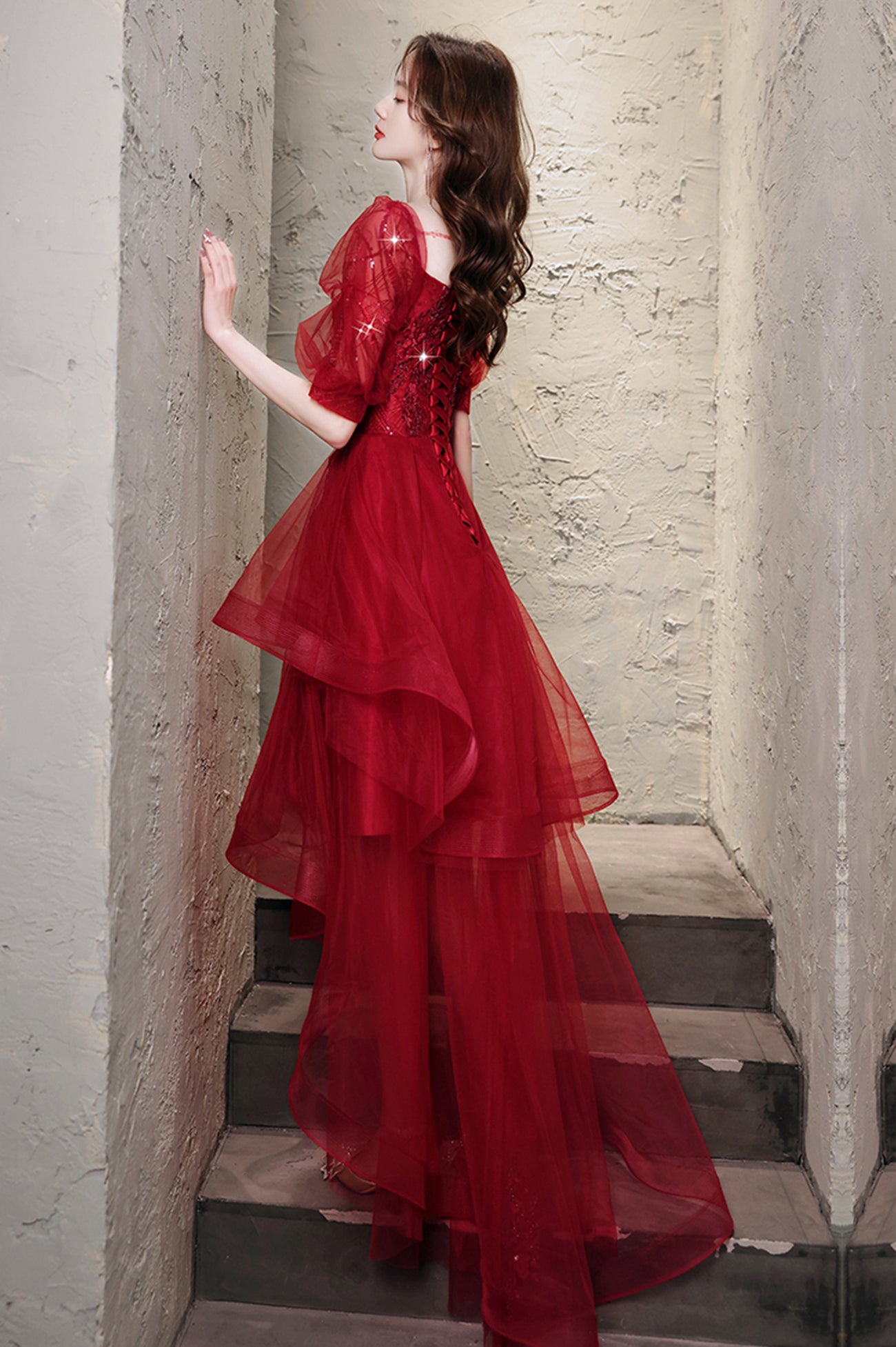 Burgundy Lace High Low Prom Dress, A-Line 1/2 Sleeve Evening Party Dre Burgundy Lace High Low Prom Dress, A-Line 1/2 Sleeve Evening Party Dre