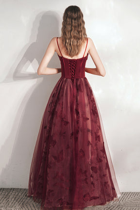 Burgundy Spaghetti Strap Tulle Long Prom Dress, Lovely A-Line Prom Dress