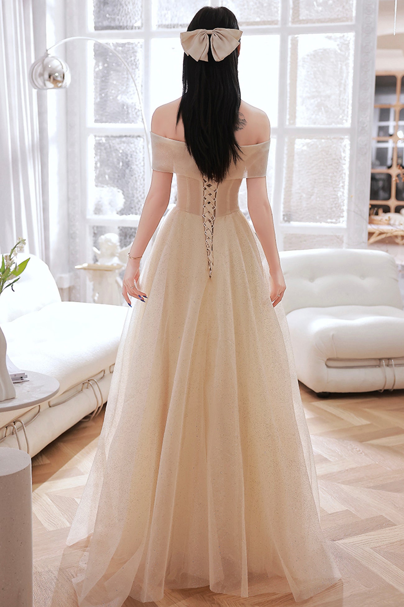 Champagne Tulle Long A-Line Prom Dress, Champagne Off the Shoulder Eve Champagne Tulle Long A-Line Prom Dress, Champagne Off the Shoulder Eve
