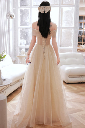 Champagne Tulle Long A-Line Prom Dress, Champagne Off the Shoulder Evening Dress