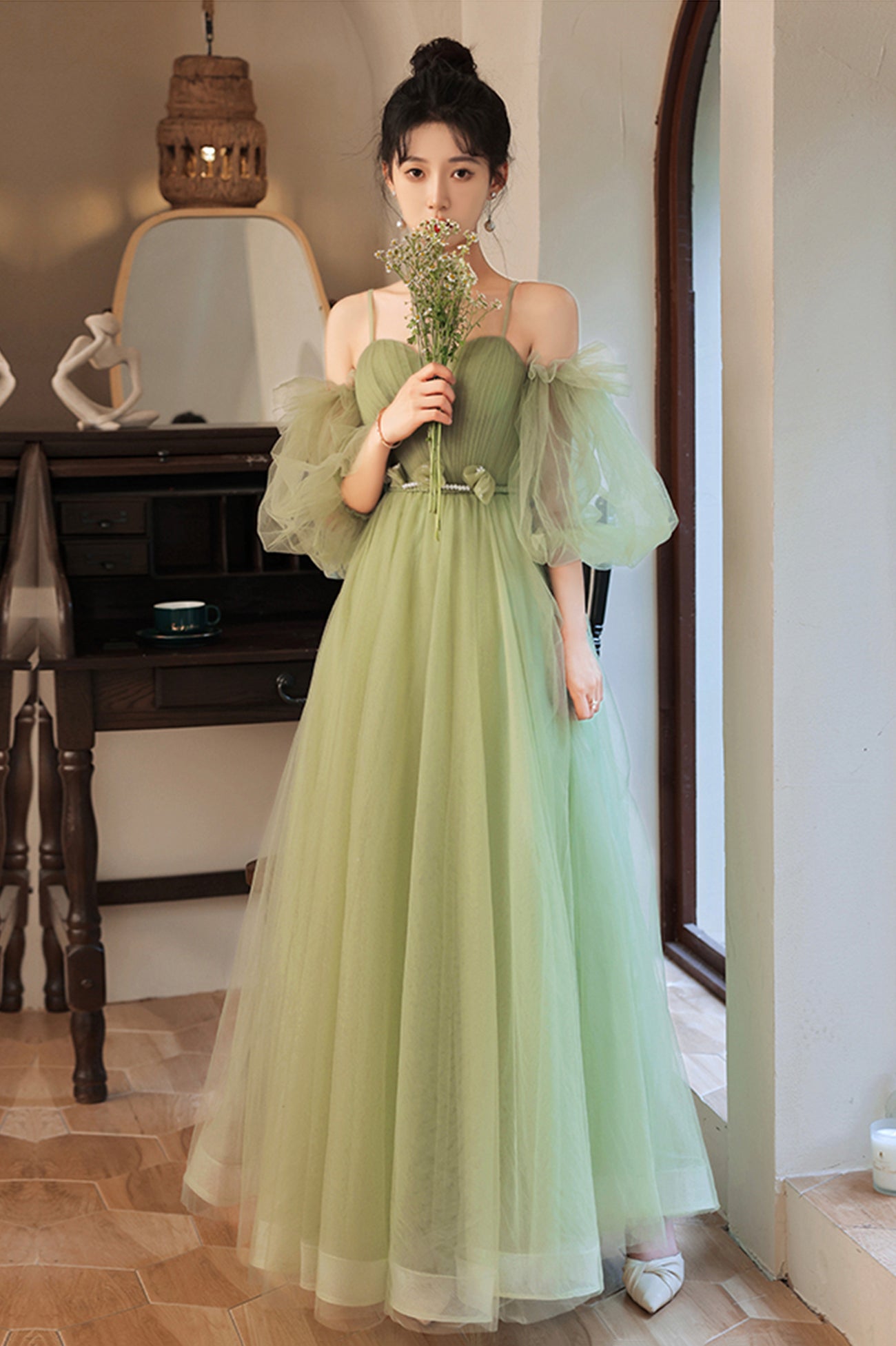 Green Spaghetti Straps Tulle Party Dress, Green Sweetheart Long Prom Dress