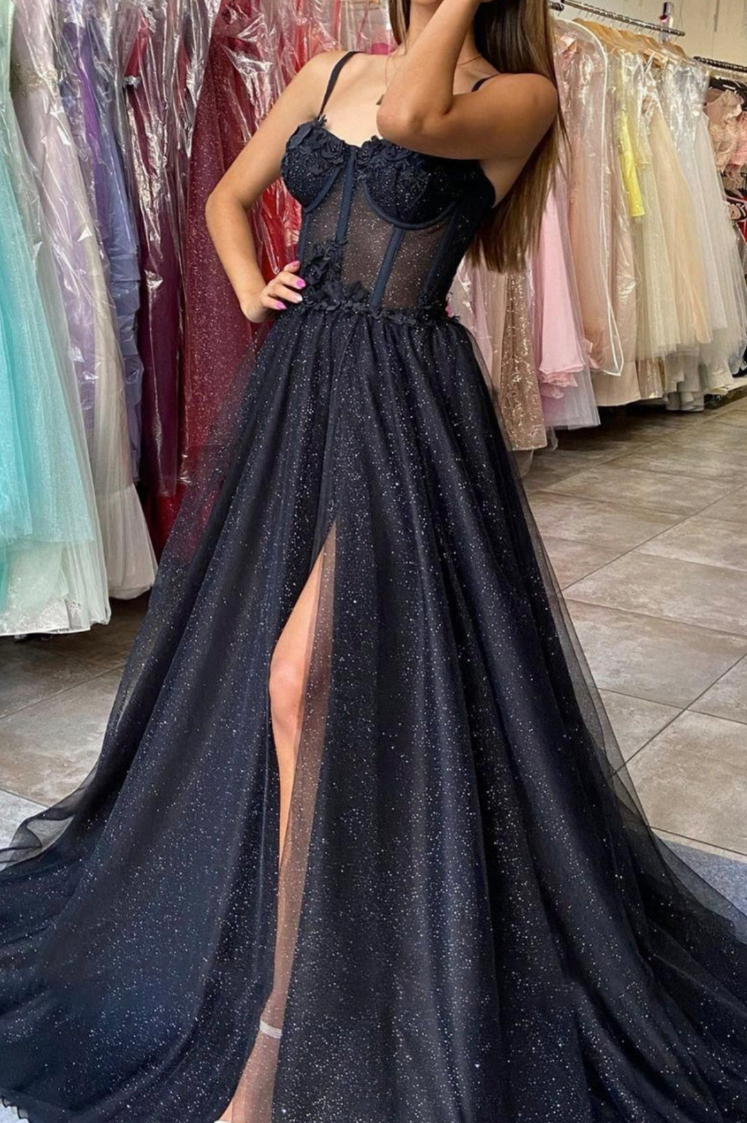 Black Tulle Lace Long Prom Dress, Black Spaghetti Straps Graduation Dress