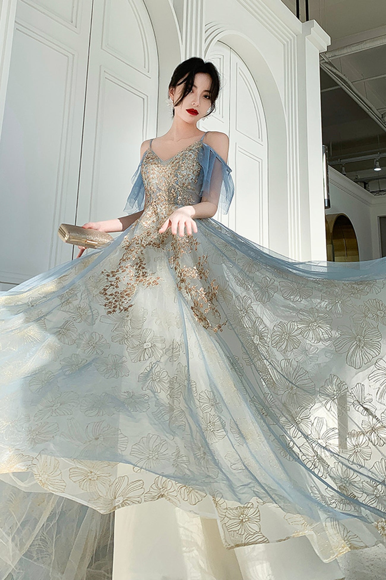 Blue Tulle Long A-Line Prom Dress, Beautiful Sequins Evening Graduation Dress