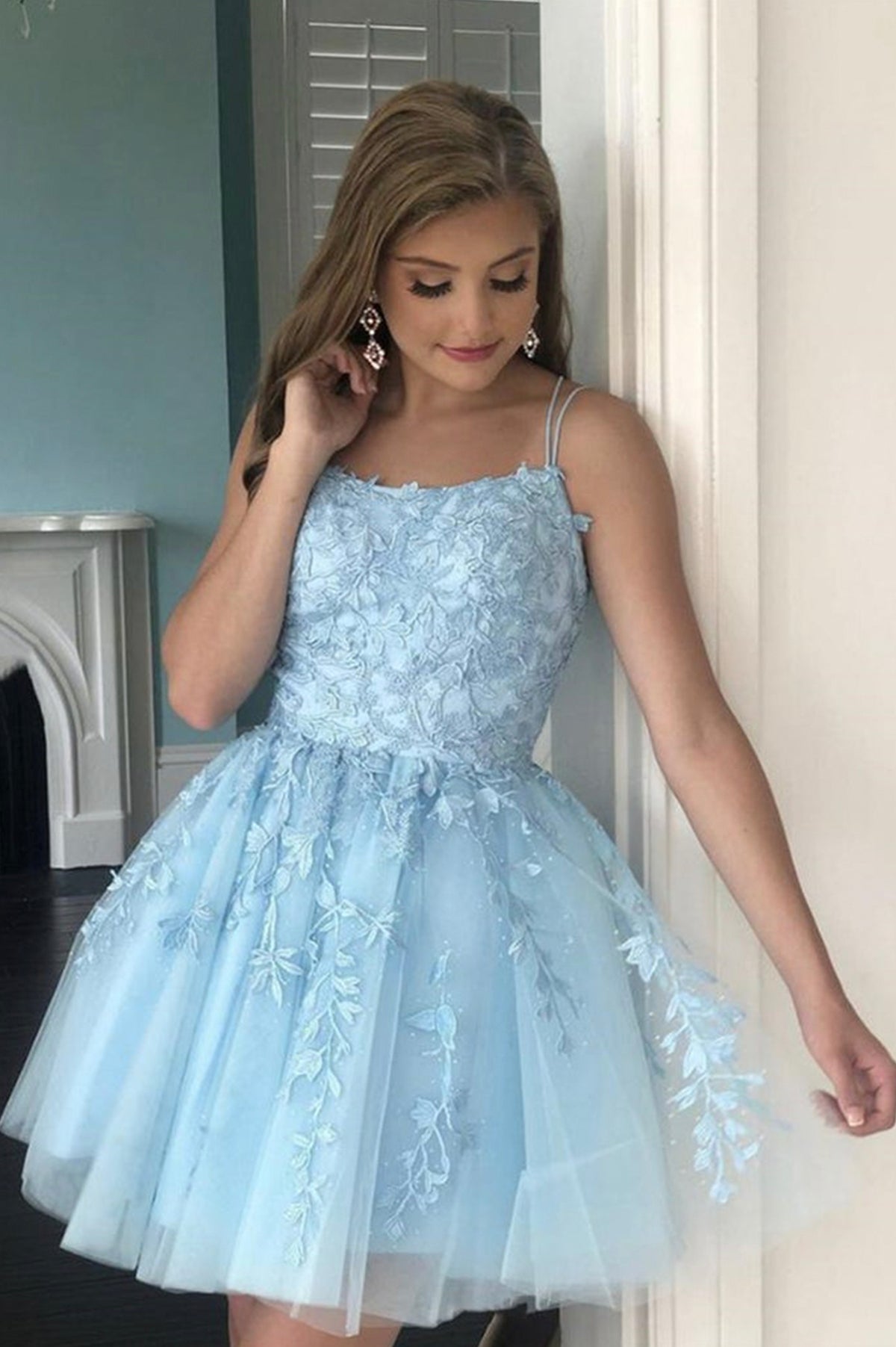 Blue Lace Short Prom Dress, Cute A-Line Homecoming Party Dress