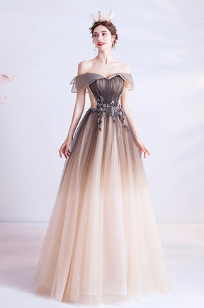 A-Line Gradient Tulle Long Prom Dress, Off the Shoulder Evening Dress