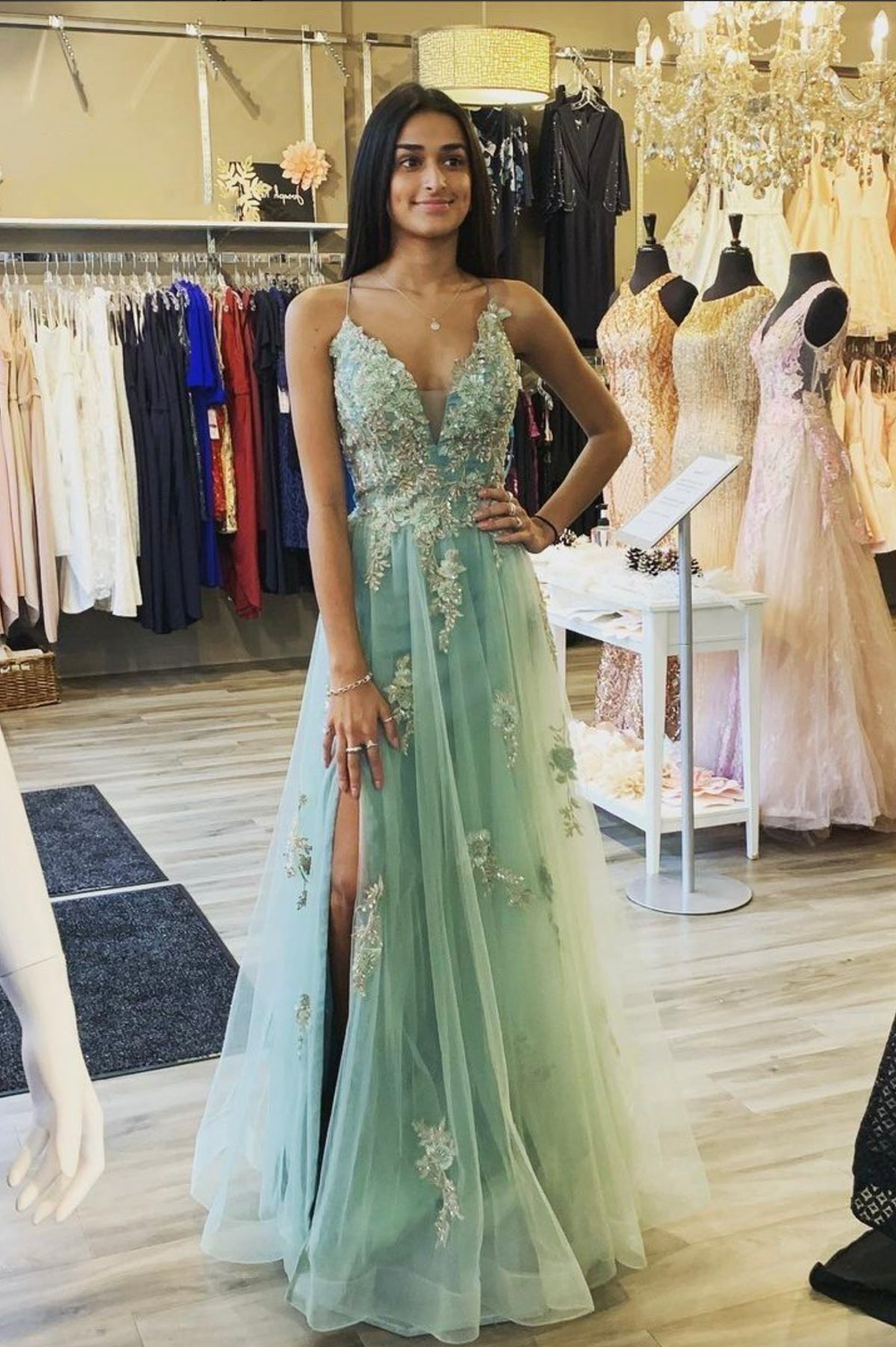 Green V-Neck Tulle Lace Long Prom Dress, A-Line Evening Dress