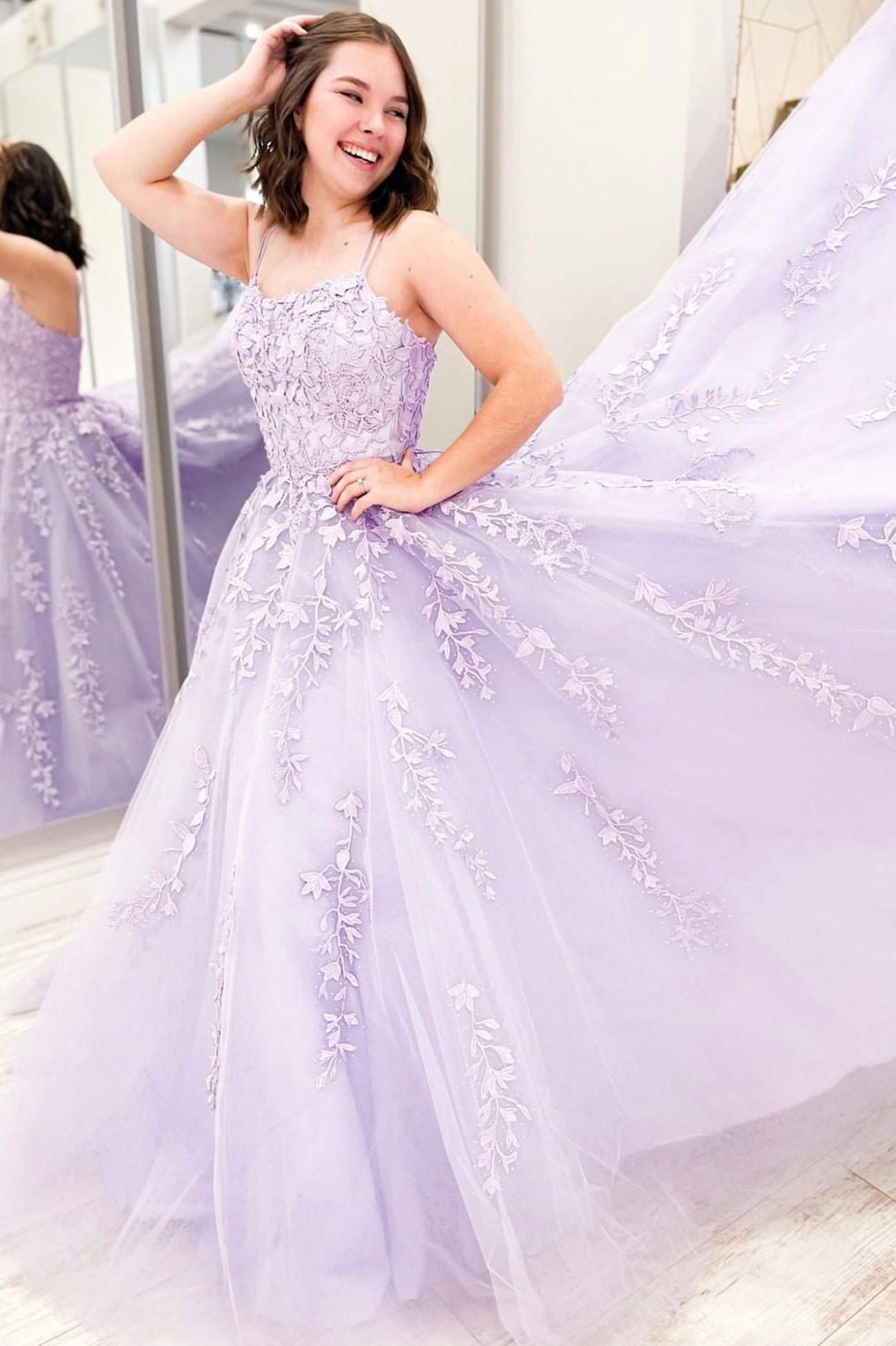 Purple Lace Long A-Line Prom Dress, Purple Spaghetti Strap Graduation Dress