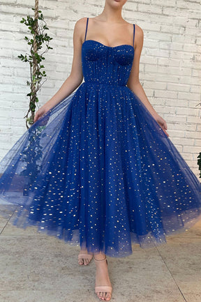 Blue Tulle Short A-Line Prom Dress, Cute Spaghetti Strap Homecoming Party Dress