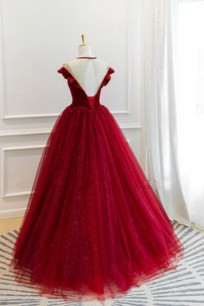 Burgundy Velvet Long A-Line Prom Dress, Burgundy Formal Evening Dress