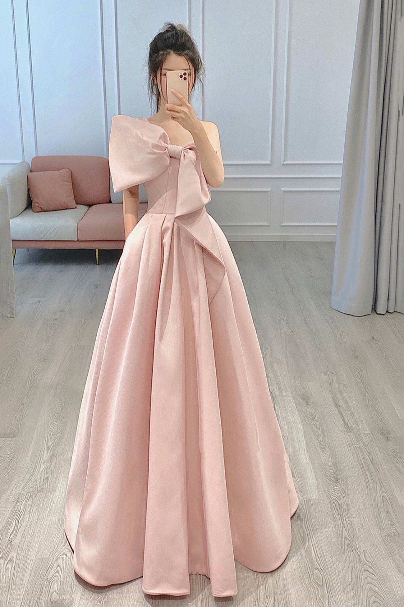 Pink Satin Long A-Line Prom Dress with Bow, One Shoulder Evening Party Dress