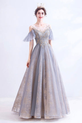 A-Line Tulle Sequins Floor Length  Prom Dress, Purple Formal Evening Dress