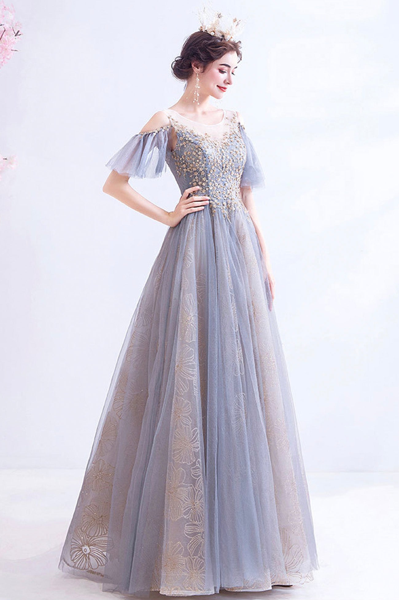 A-Line Tulle Sequins Floor Length  Prom Dress, Purple Formal Evening Dress