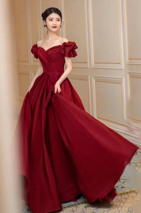 Burgundy Satin Long A-Line Prom Dress, Off the Shoulder Graduation Dress