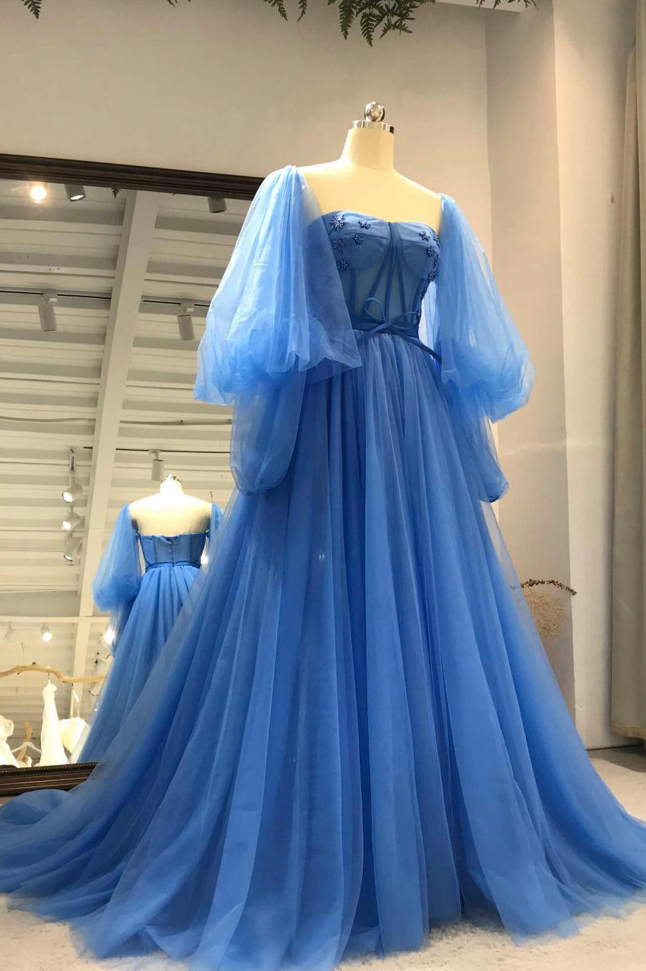 Blue Tulle Long Sleeve Prom Dress, A-Line Tulle Formal Evening Dress