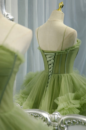 Green Spaghetti Straps Tulle Layers Long Formal Dress, Green Evening Party Dress