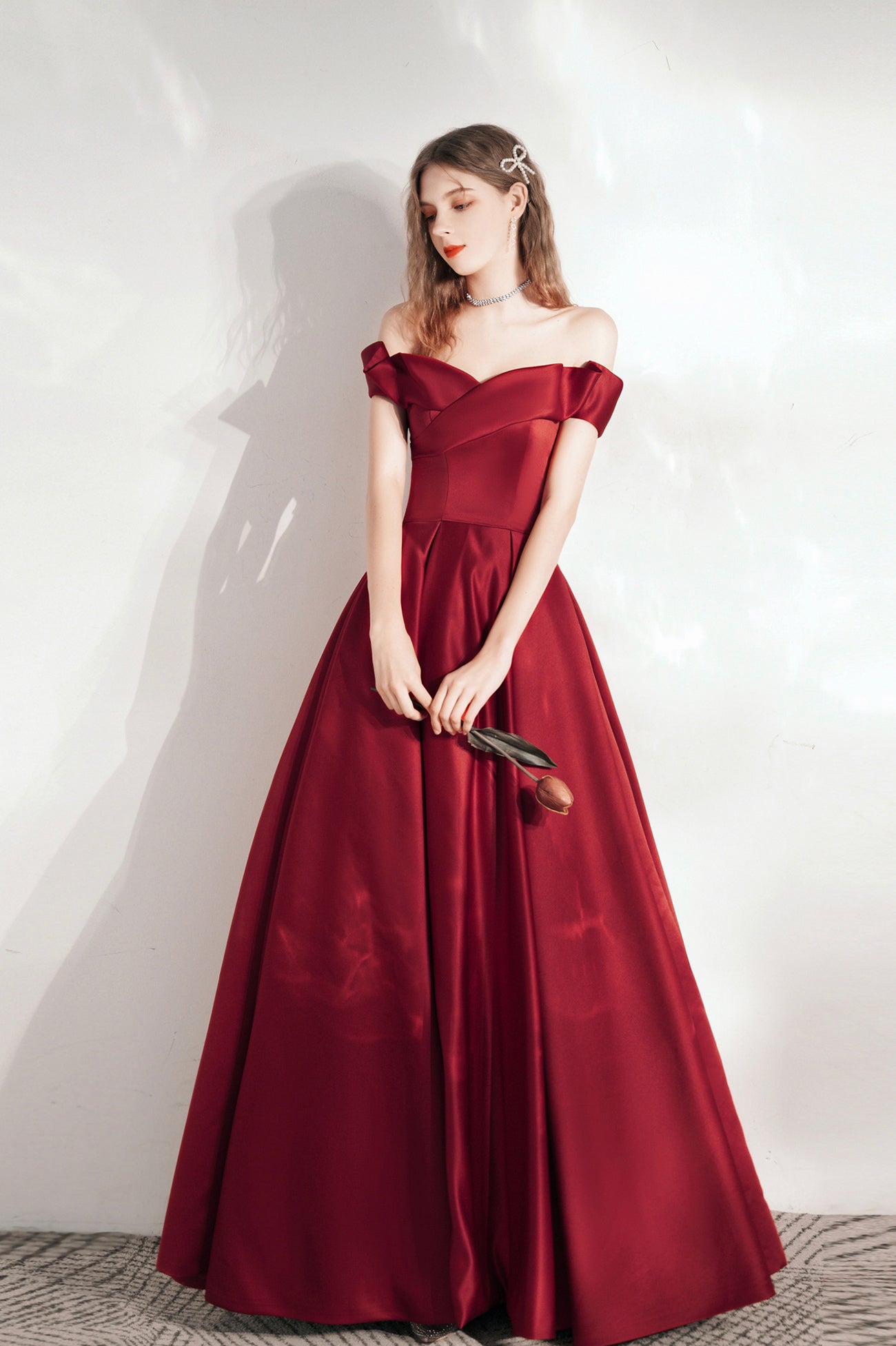 Burgundy Satin Long A-Line Prom Dress, Cute Off the Shoulder Evening Dress