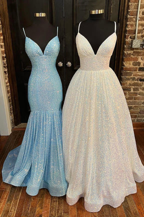Shiny Sequins Long Prom Dress, V-Neck Spaghetti Strap Formal Evening Dress