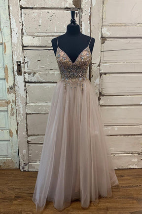 A-Line Tulle Beaded Long Prom Dress, Cute V-Neck Evening Party Dress