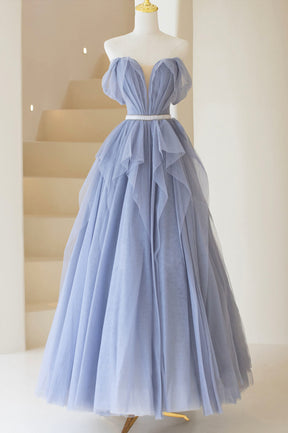 Blue Tulle Long A-Line Prom Dress, Cute Strapless Graduation Dress