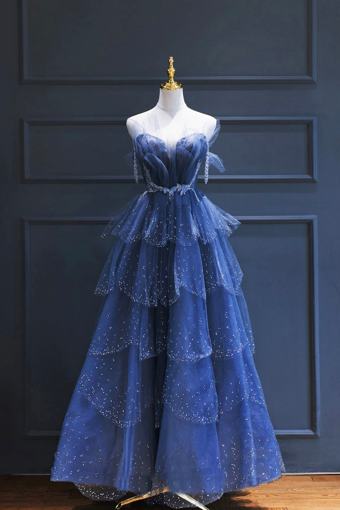 Blue Tulle Beaded Long Senior Prom Dress, A-Line Strapless Evening Party Dress