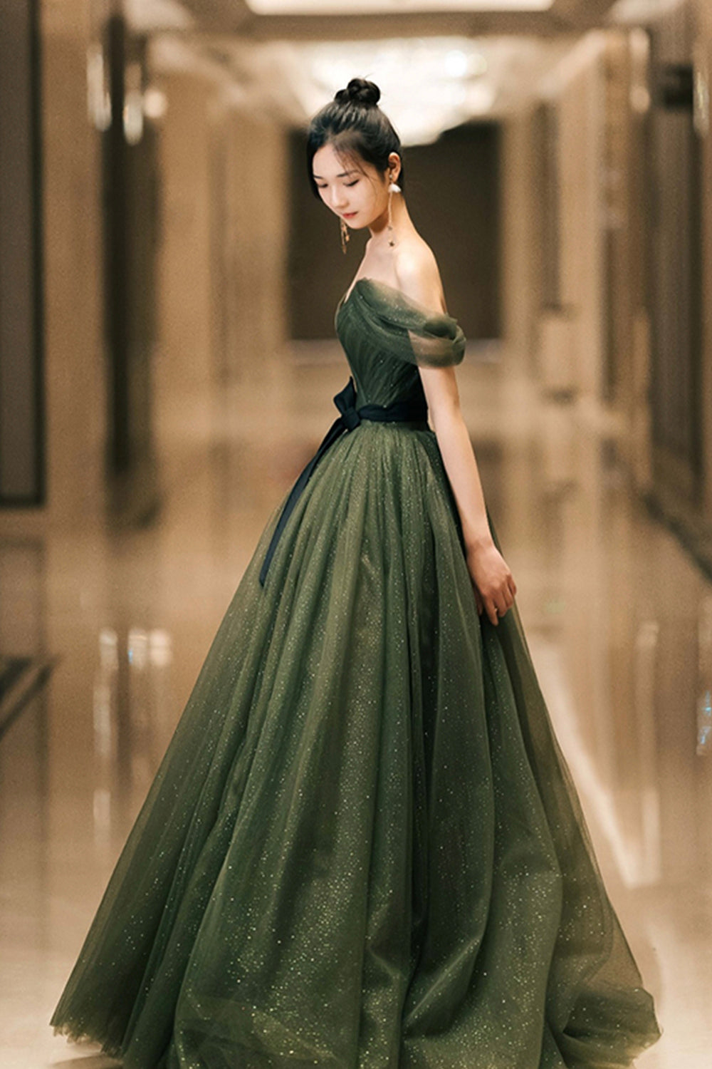 Green Tulle Long Prom Dress, Off the Shoulder A-Line Evening Party Dre Green Tulle Long Prom Dress, Off the Shoulder A-Line Evening Party Dre