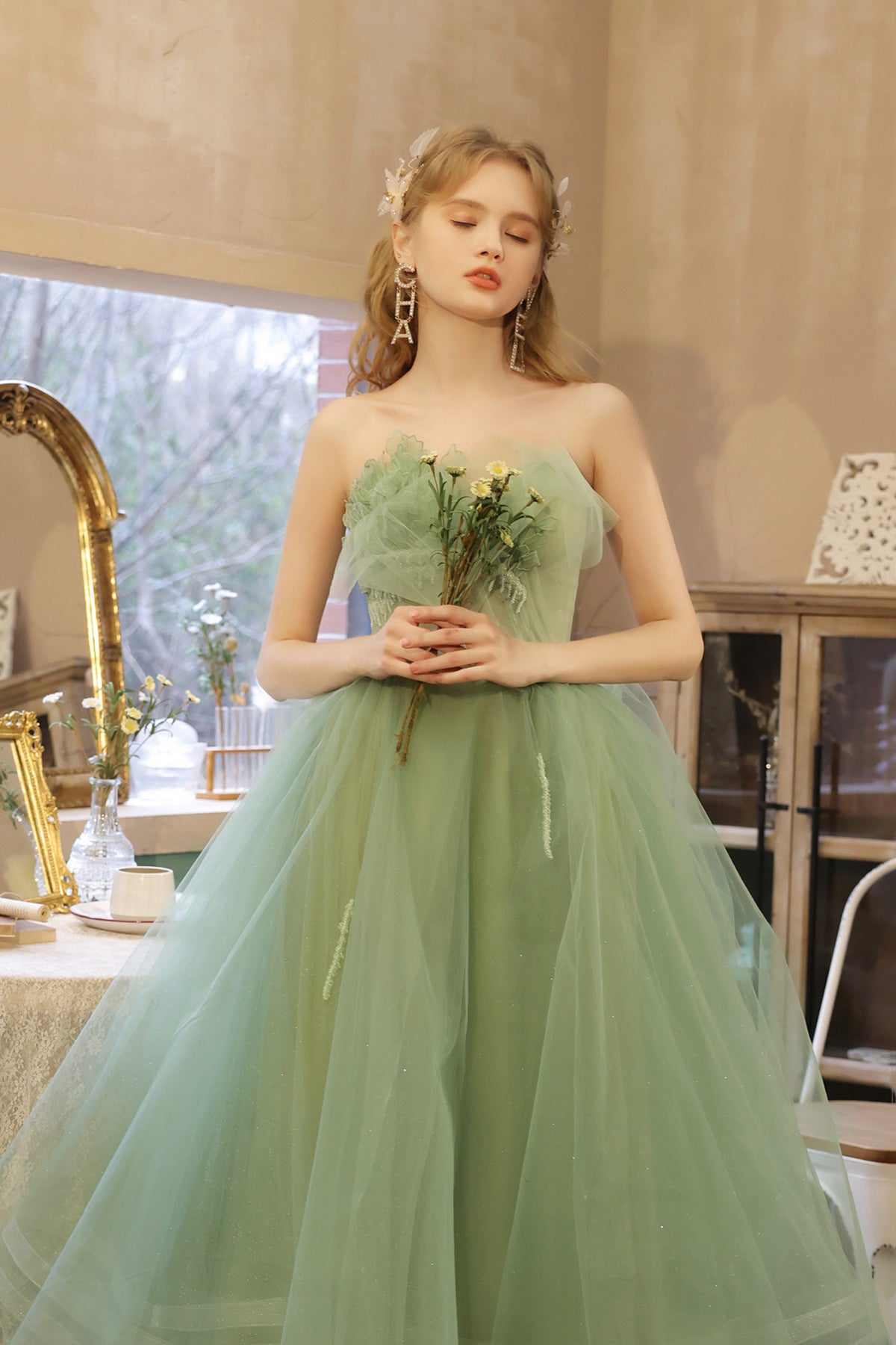 Lovely Green Short Tulle Off Shoulder Party Dress, Green Homecoming Dress  Formal Dress