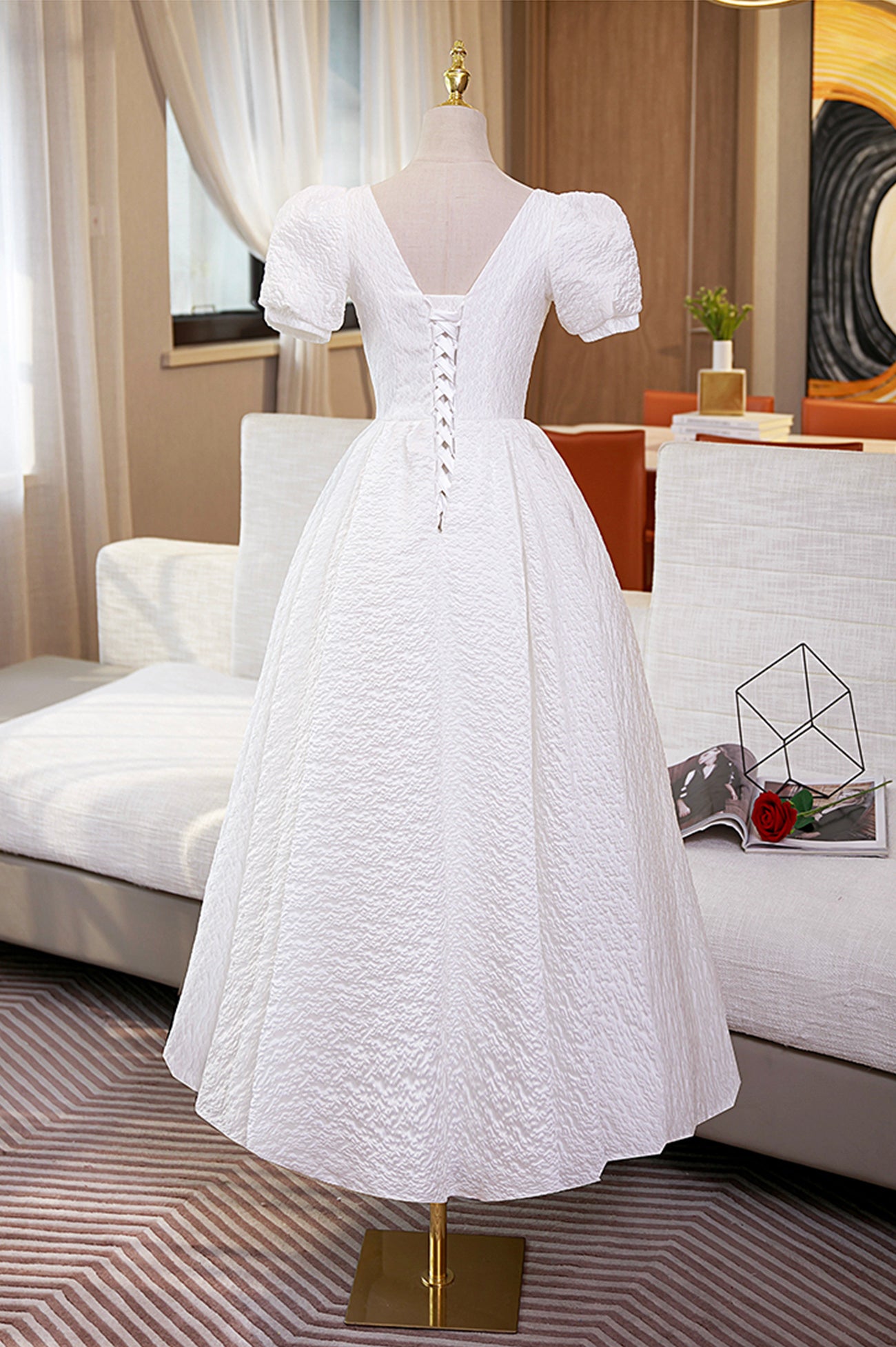 White A-Line Homecoming Dress, Cute Short Sleeve Evening Dress
