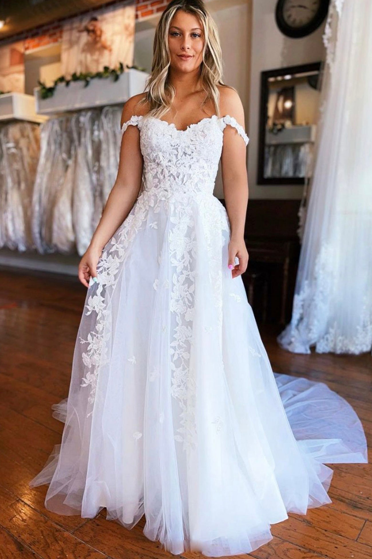 shopluu Elegant White Lace Tulle Long Prom Dress, White Evening Dress US 8 / White