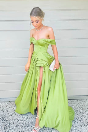 Green Satin Long A-Line Prom Dress, Off the Shoulder Evening Formal Dress