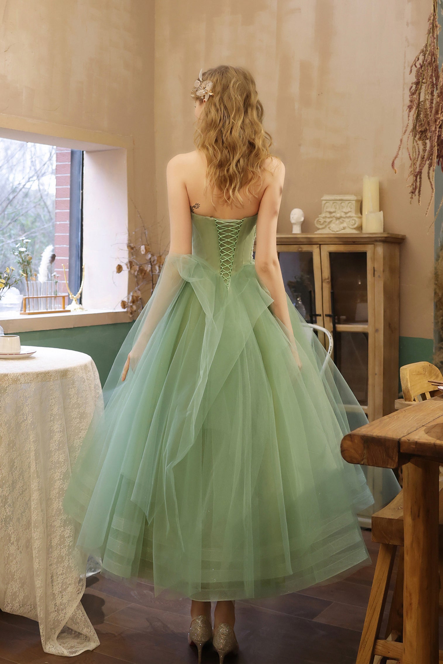 Green Strapless Lace Short Prom Dress, Lovely Green Homecoming Party Dress