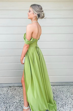Green Satin Long A-Line Prom Dress, Off the Shoulder Evening Formal Dress