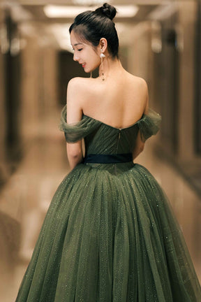 Green Tulle Long Prom Dress, Off the Shoulder A-Line Evening Party Dress