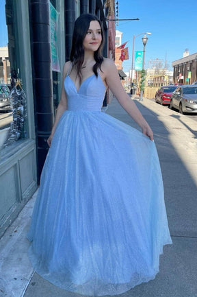 Blue Tulle Long A-Line Backless Prom Dress, Cute V-Neck Backless Evening Dress