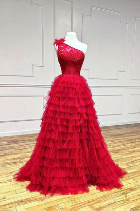 Red One Shoulder Tulle Layers Long Prom Dress with Lace, A-Line Evening Party Dress
